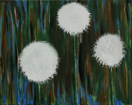 The painting: Pom Pom Pom. This piece features three white puffballs on a multi-colored background of green, brown, bluem, and yellow.